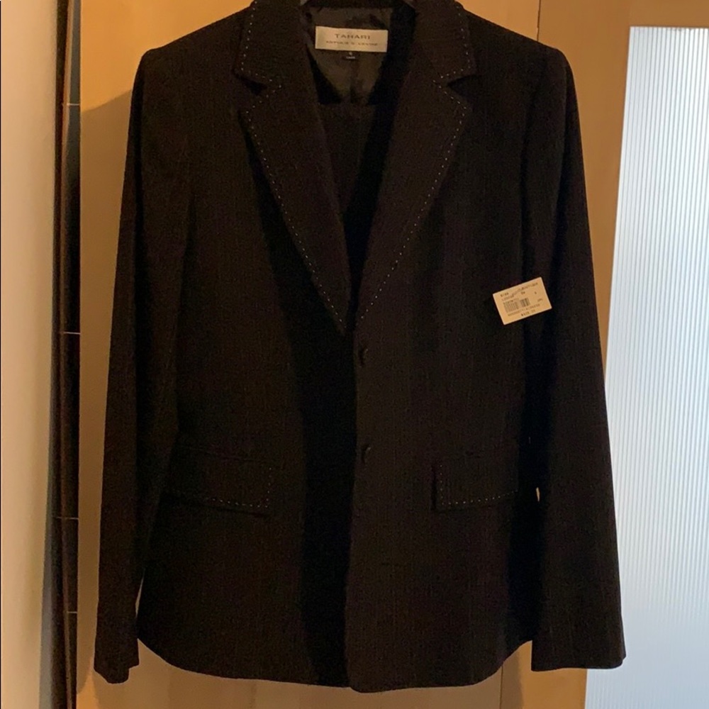 Brown Tahari suit with baby blue pinstripes.